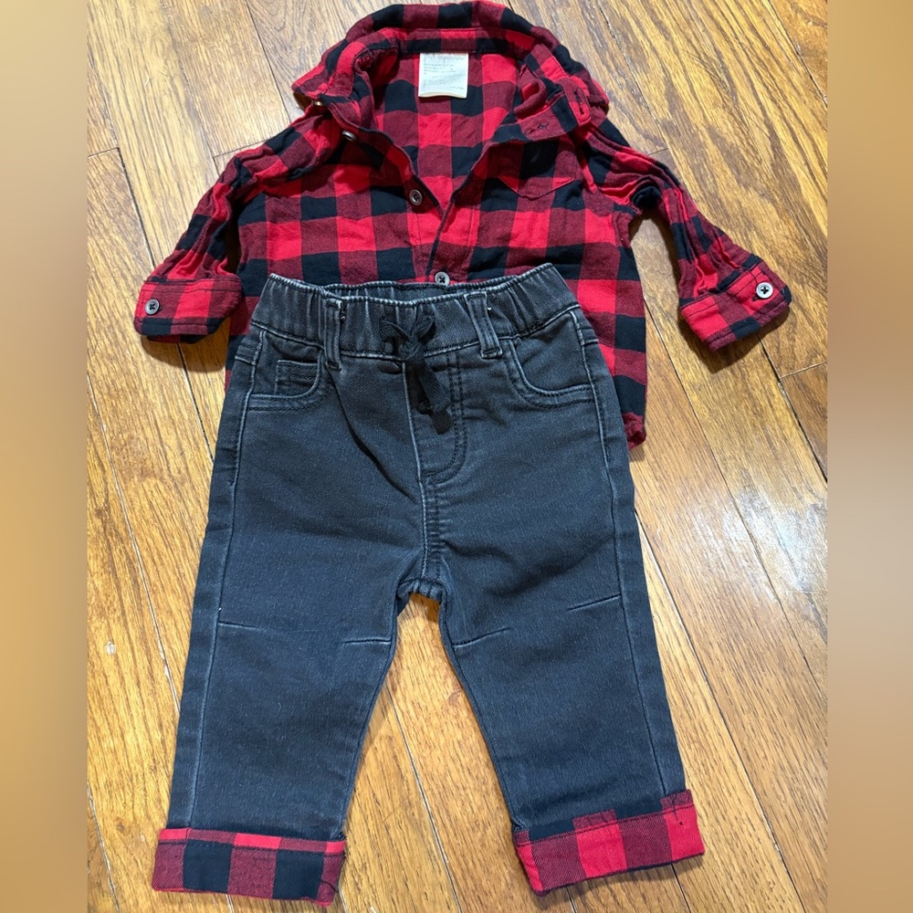 Plaid Shirt and Black Jeans Set for Kids